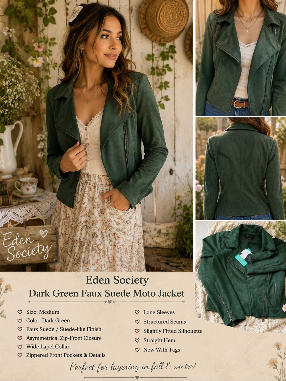 Eden Society Dark Green Faux Suede Moto Jacket